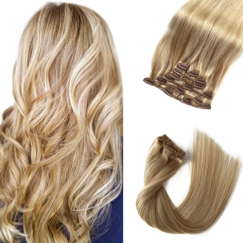 Ubetta Clip in Hair Extensions, Blonde Highlights Real Human Hair Clip ins 15 Inch Silky Straight Double Weft Remy Hair Extensions Clip on 7 Pieces 70G 2 Sets Full Head for White Women - Image 1